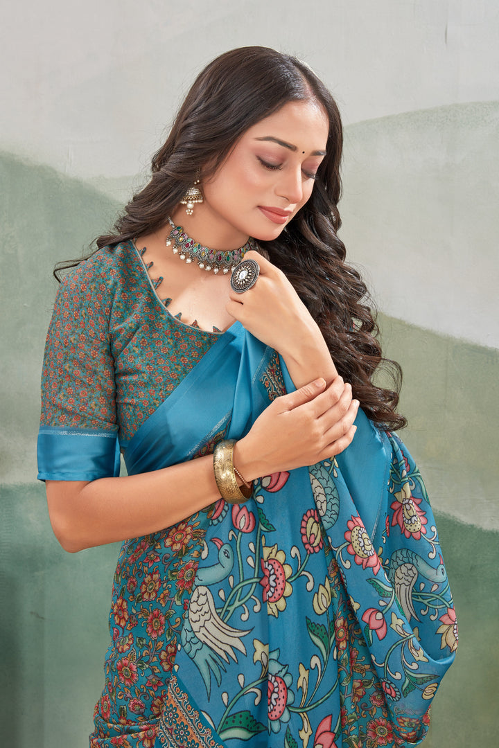 Safar Grey Digital Printed Viscose Satin Saree With Fancy Blouse