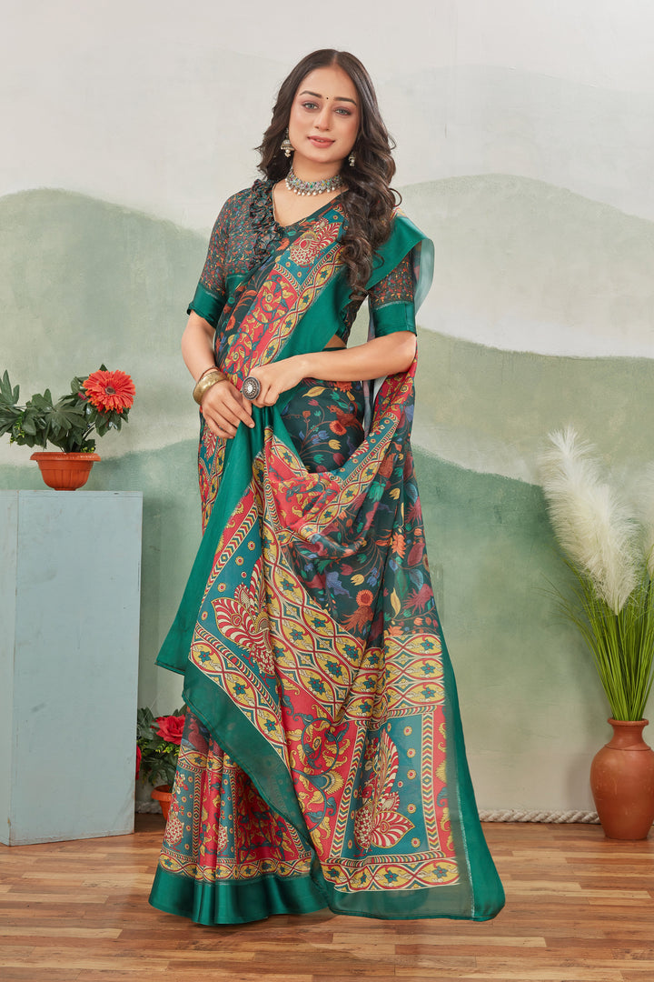 Elegant Teal Digital Print Satin Saree With Blouse