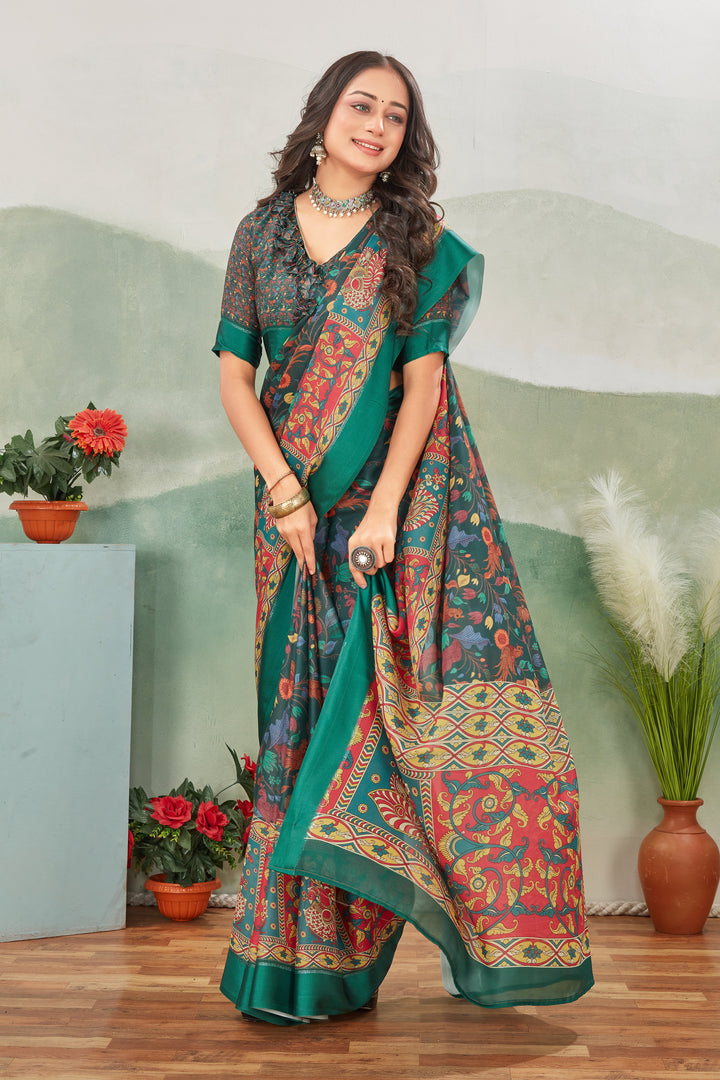 Elegant Teal Digital Print Satin Saree With Blouse