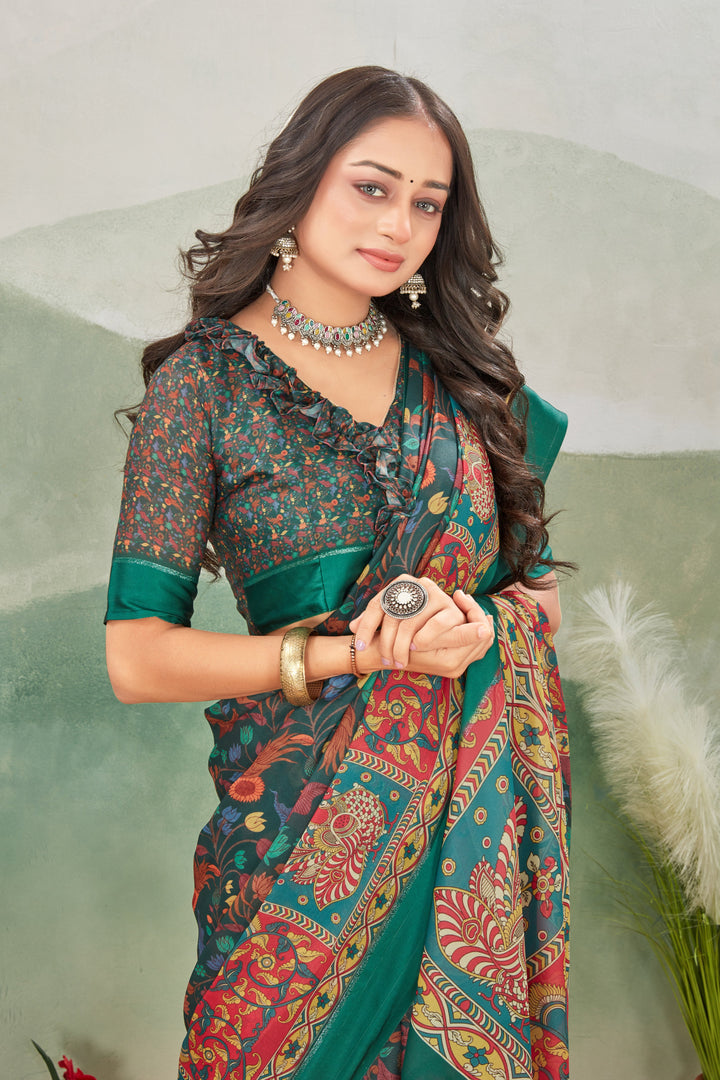 Elegant Teal Digital Print Satin Saree With Blouse