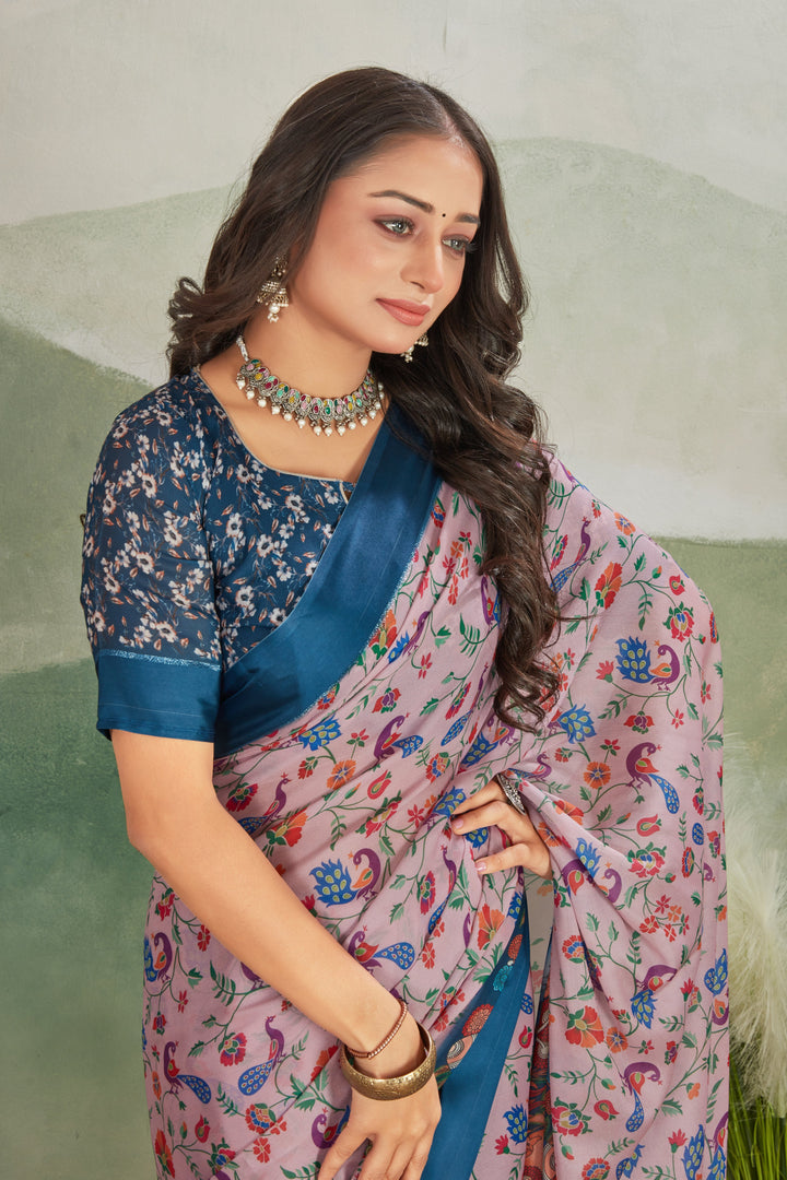 Pink Digital Print Viscose Satin Saree