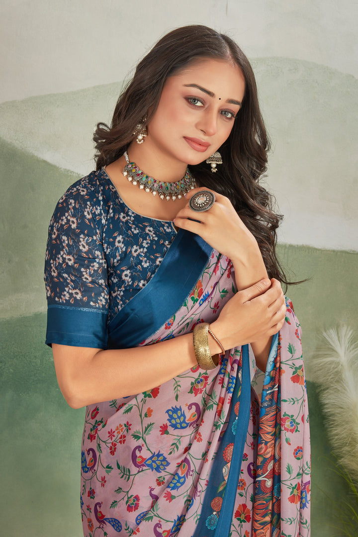 Pink Digital Print Viscose Satin Saree