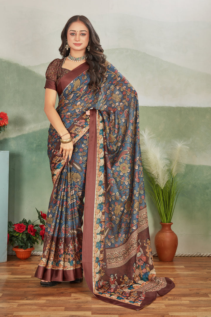 Grey Floral Printed Satin Saree