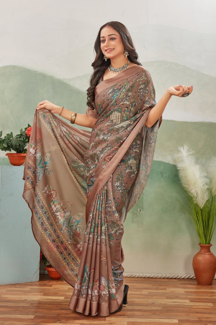 Elegant Brown Saree Luxurious Digital Print With A Regal Touch