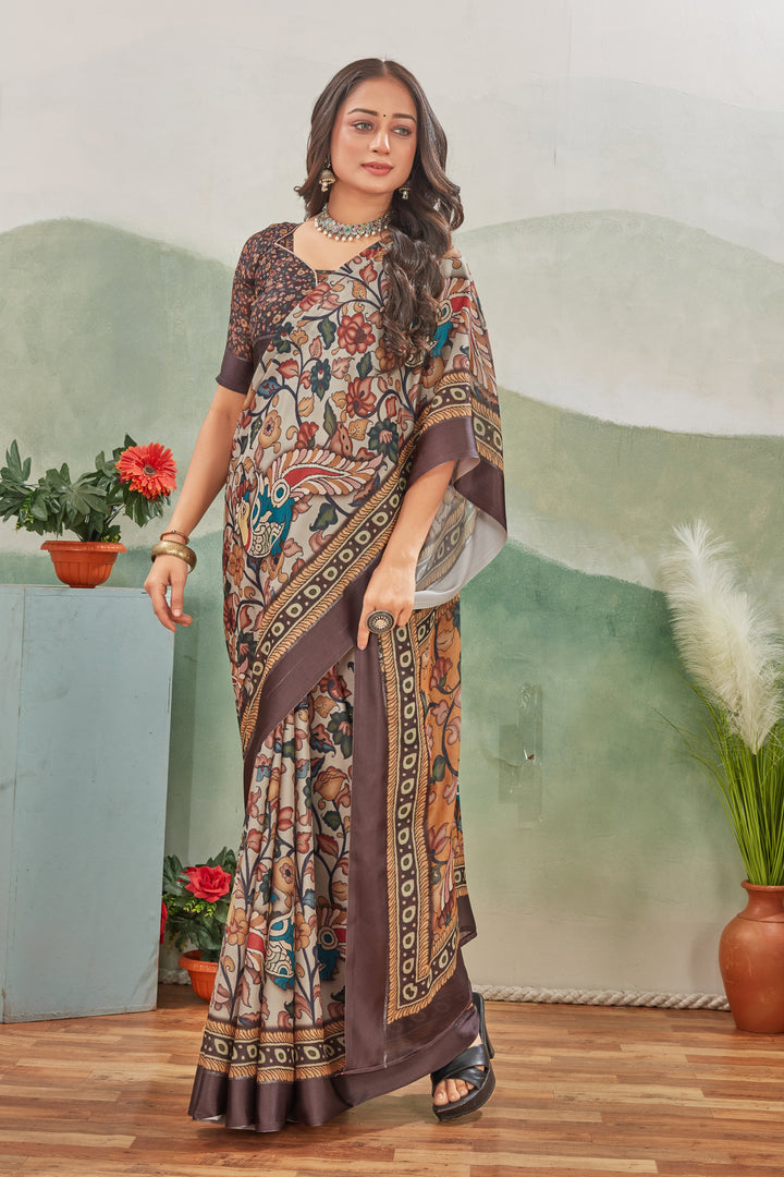 Light Brown Gujarati Style Satin Drape Classic Grace Saree