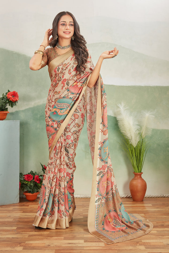 Abstract Digital Printed Beige Saree