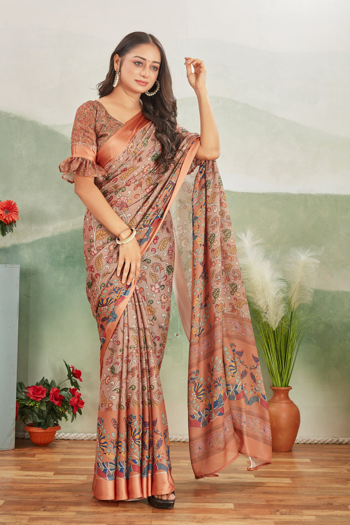 Abundant Brown Printed Satin Office Wear Saree With Blouse