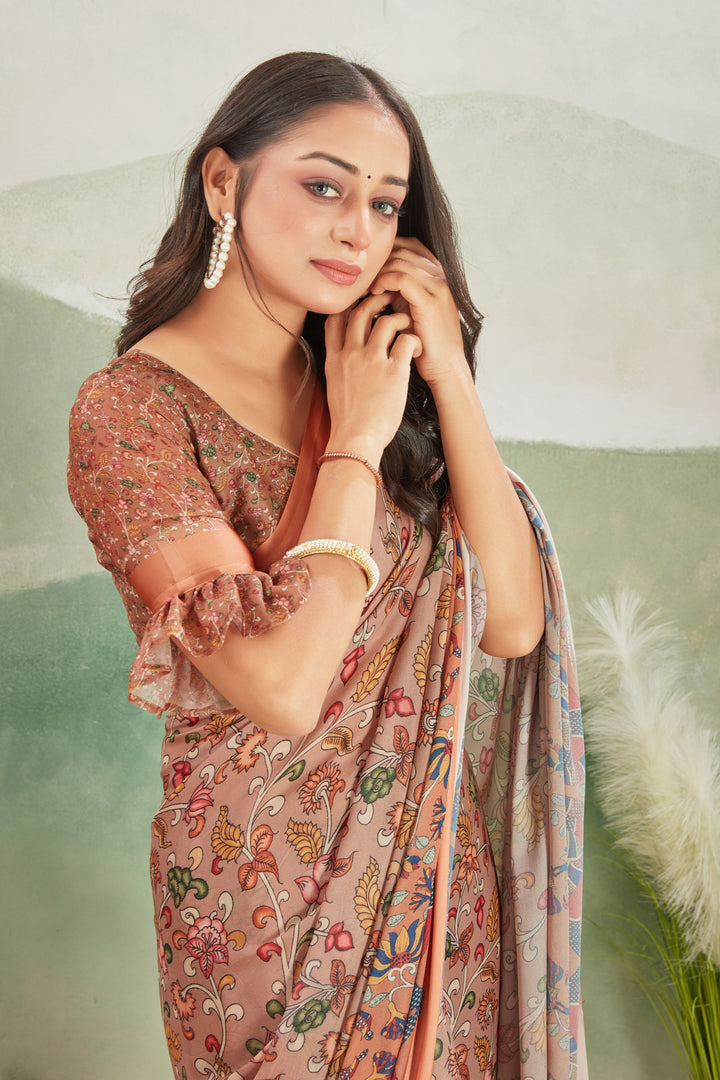 Abundant Brown Printed Satin Office Wear Saree With Blouse