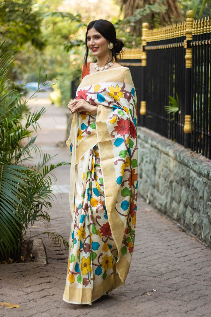 Hand Painted Floral Tussar Silk Kalamkari Beige Saree With Zari Border