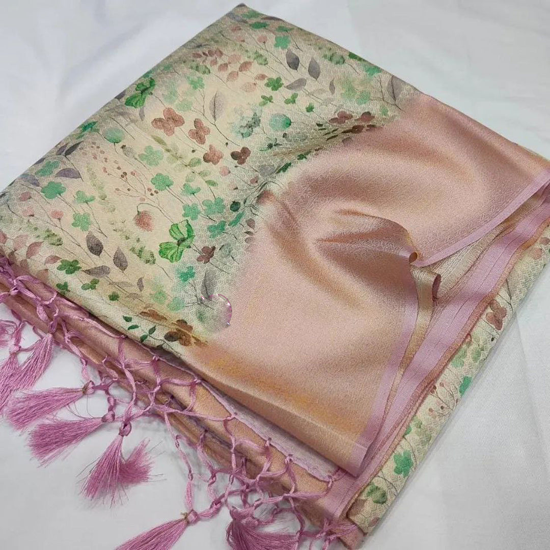 Luxurious Beige Soft Silk Saree With Floral Digital Art