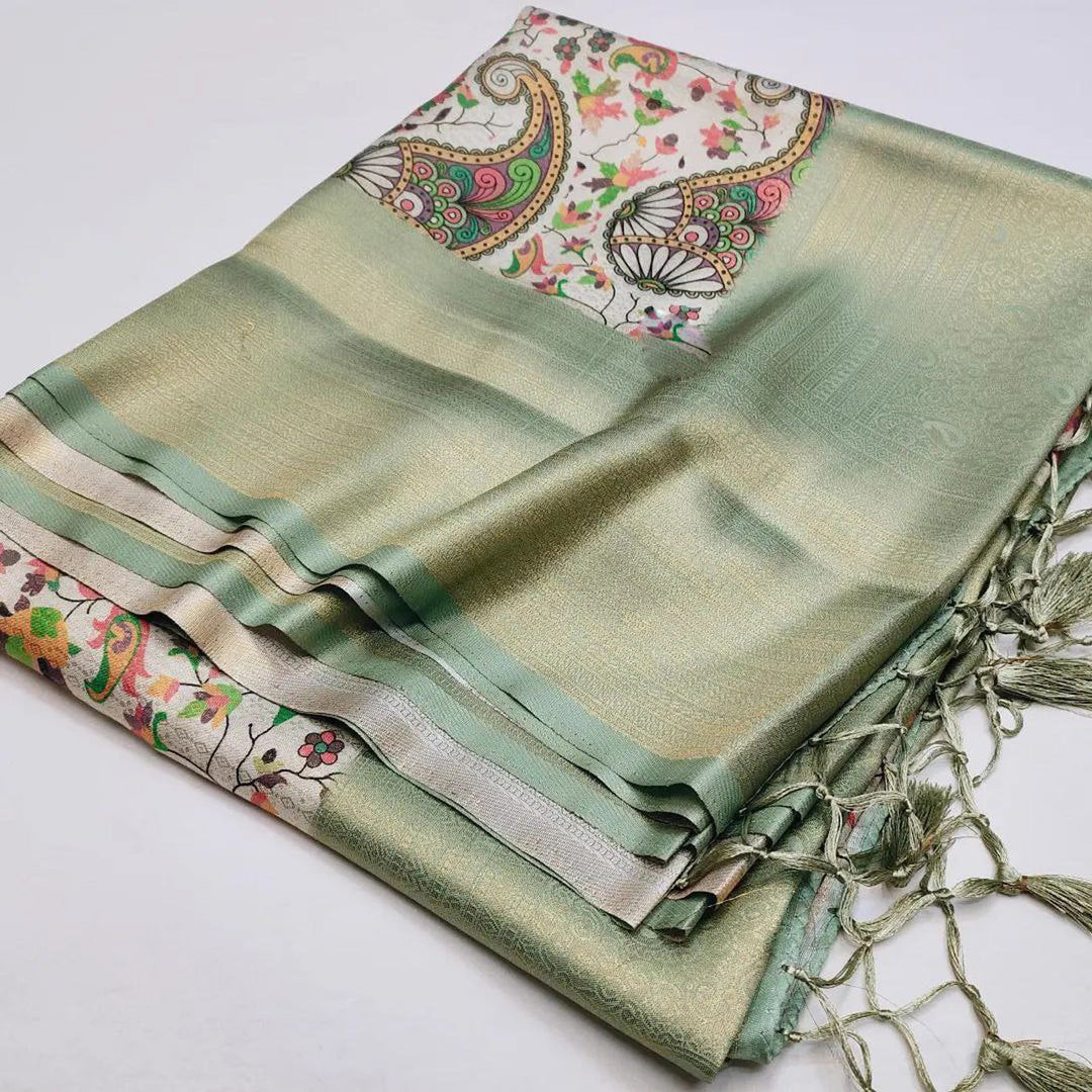 Breathable Sea Green Soft Silk Saree With Classy Digital Prints