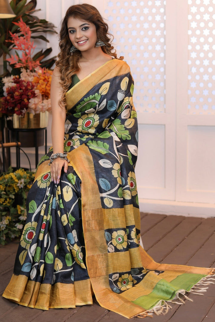 Heritage Tussar Silk Saree Handloom Weave With Kalamkari Design And Blouse Fabric