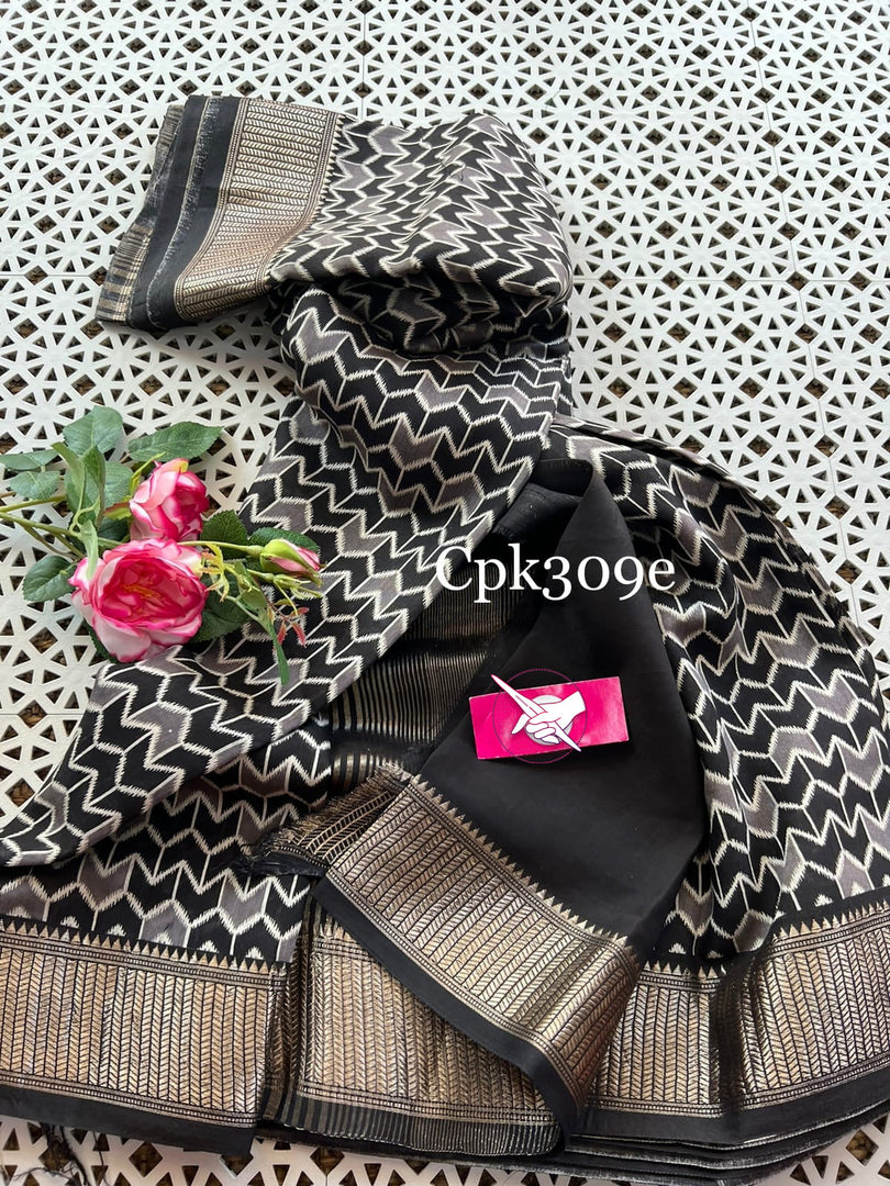 Festive Wear Black Tussar Silk Saree Zari Border And Modern Digital Designs