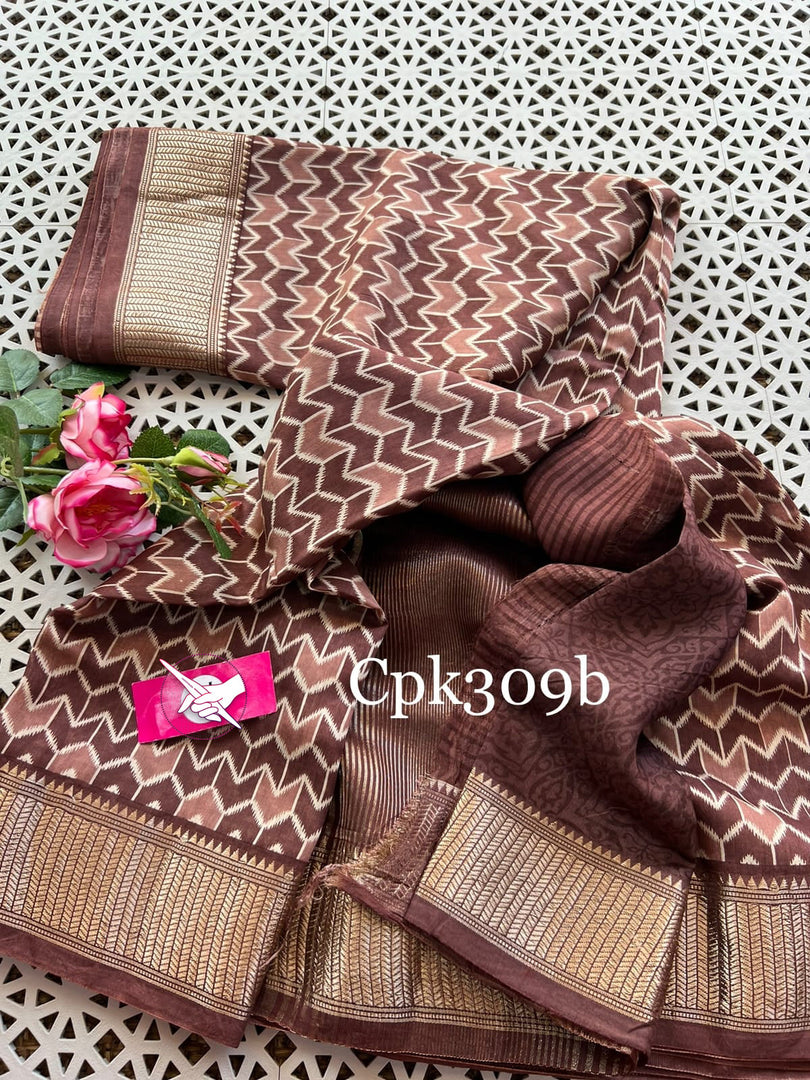 Designer Brown Tussar Soft Silk Saree Handloom Made With Zari Trim And Digital Print