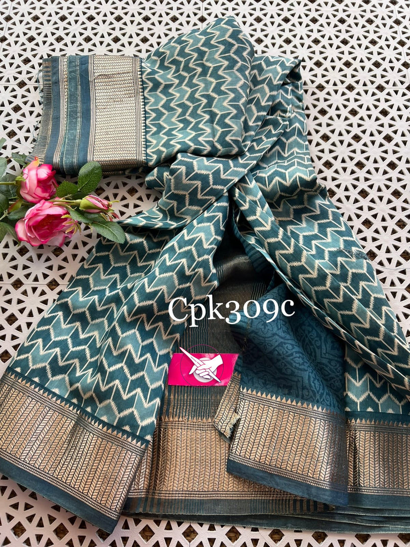 Traditional Green Handloom Tussar Silk Saree Digital Patterns With Zari Work