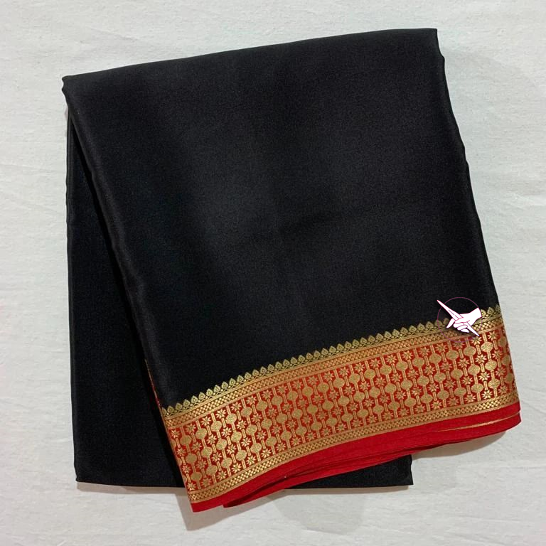 🥰 Floral Zari Border Black with Pink Colour Plain Mysore Silk Saree.🥰