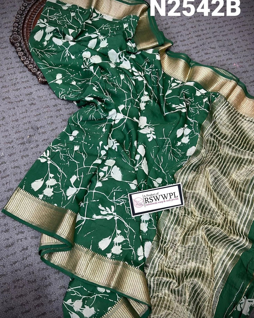 BOTTLE GREEN PURE BANARASI HANDLOOM KORA SILK SARE