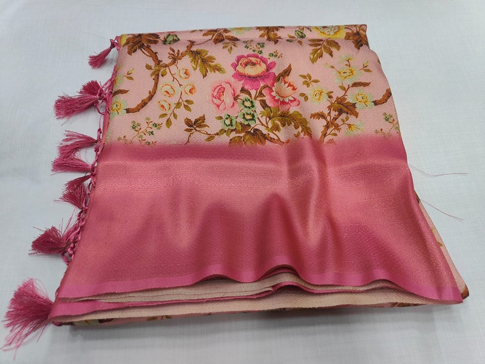 Stunning Pink Soft Silk Saree With Kubera Pattu Weave And Designer Prints