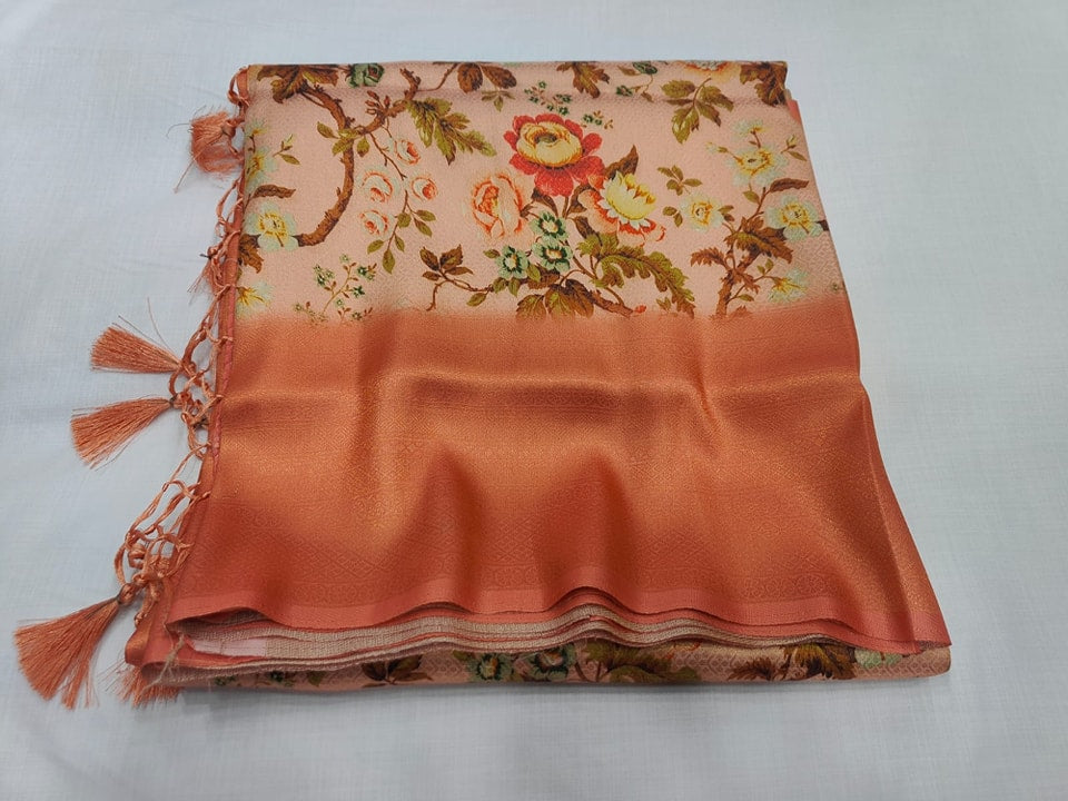 Elegant Orange And Bronze Kubera Pattu Soft Silk Saree With Rich Digital Prints