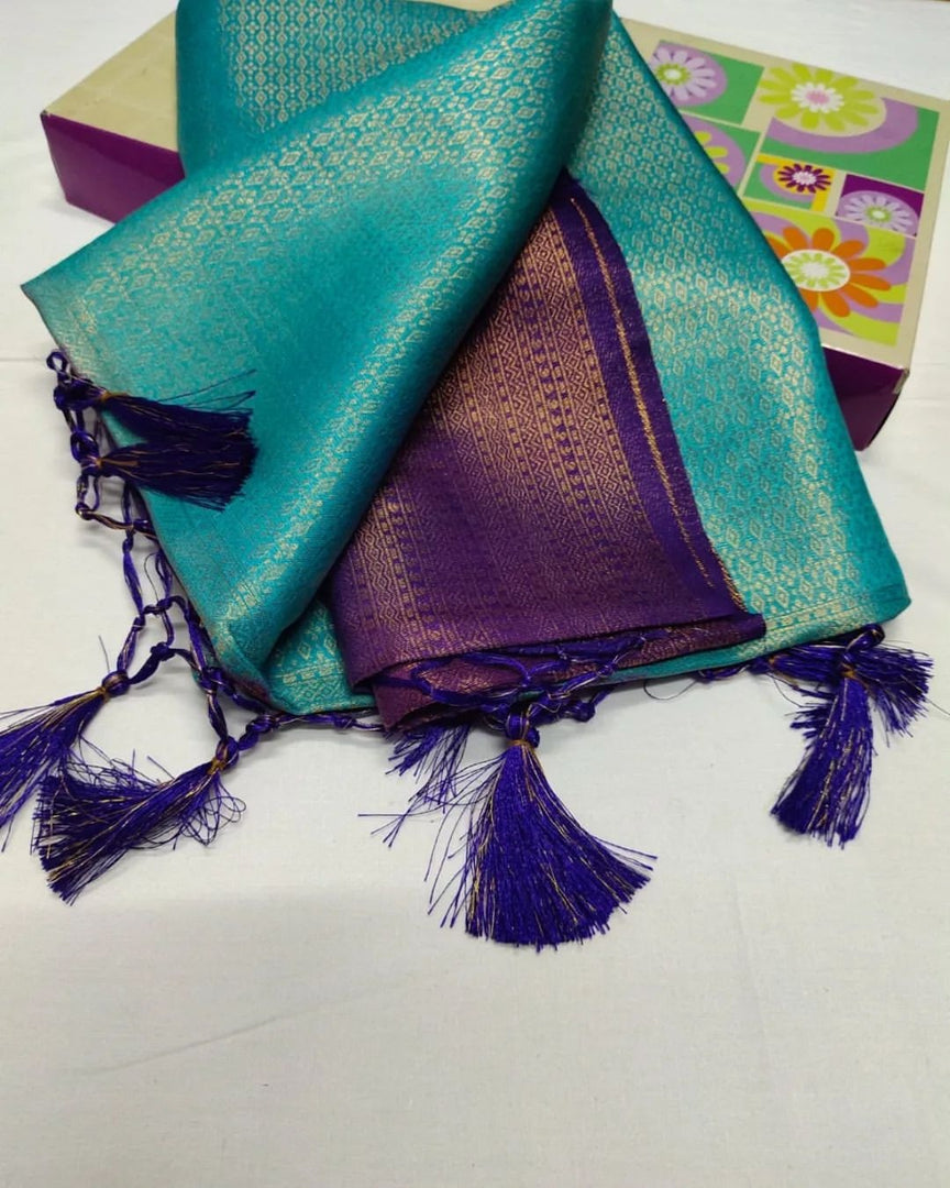 Charming Purple And Light Green Traditional Silk Saree With Kubera Pattu Style And Printed Motifs