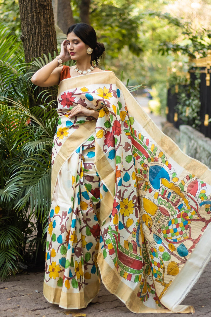 Hand Painted Floral Tussar Silk Kalamkari Beige Saree With Zari Border