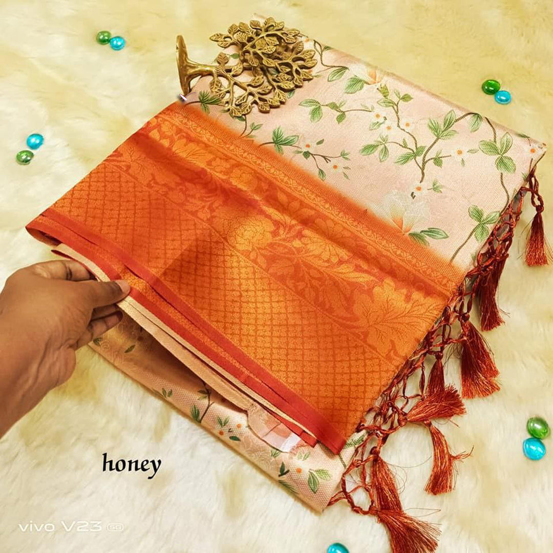 Elegant Orange Whisper Digital Silk Saree