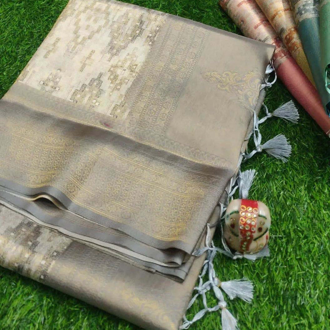 Graceful Grey Soft Silk Saree With Ethnic Digital Designs