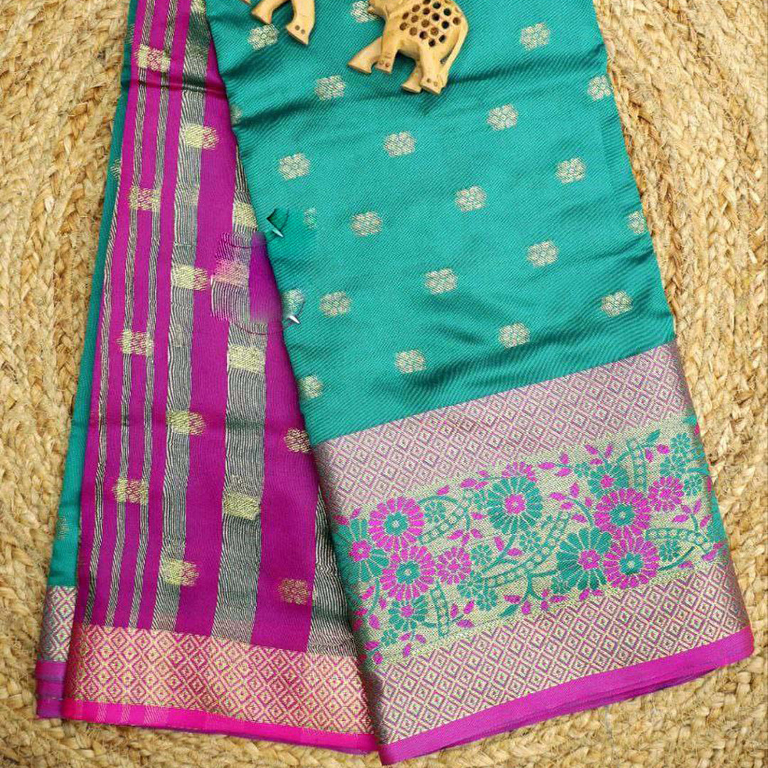 Grace Threads Appealing Cyan Handwoven Korvai Silk Drape Saree