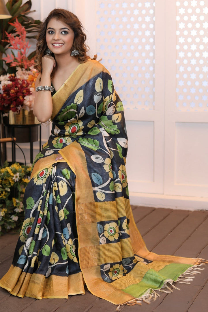 Heritage Tussar Silk Saree Handloom Weave With Kalamkari Design And Blouse Fabric