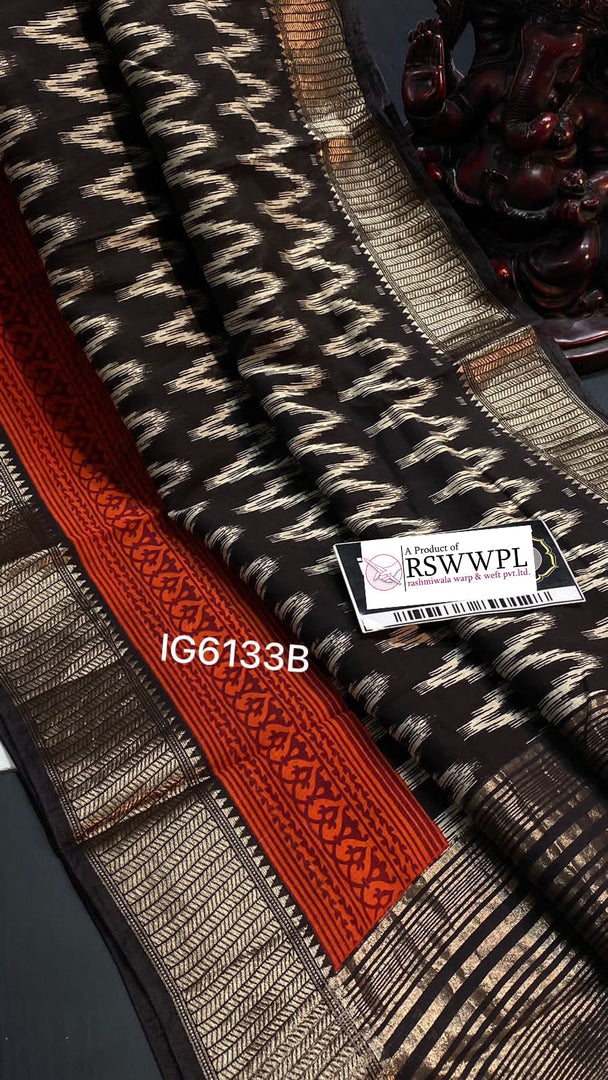 Look Black stunning and ever young when draped in this beautiful ikat saree exclusively