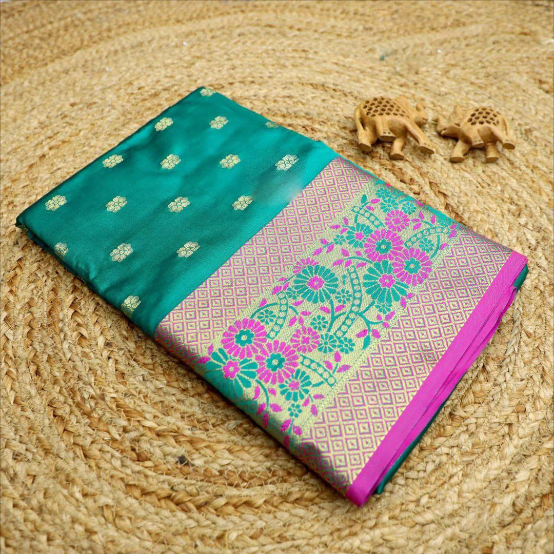 Grace Threads Appealing Cyan Handwoven Korvai Silk Drape Saree