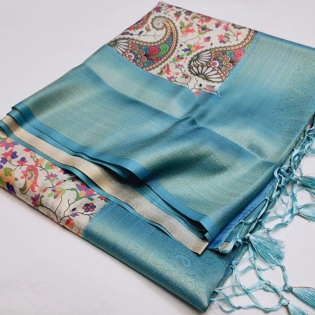 Eye Catching Sky Blue Digital Printed Soft Silk Saree For Festivals