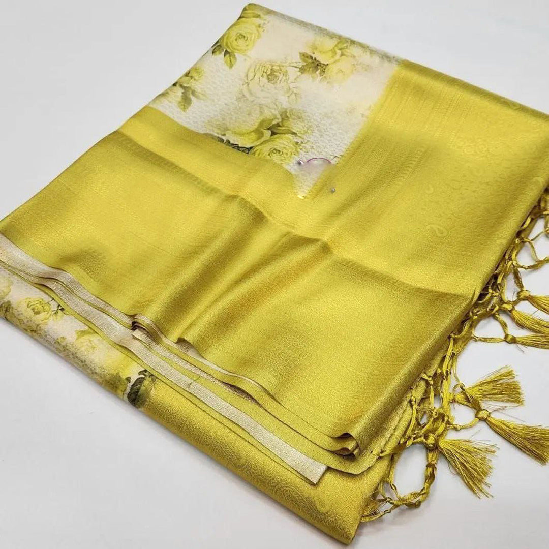 Graceful Yellow Soft Silk Saree Digital Print For Party And Daily Wear