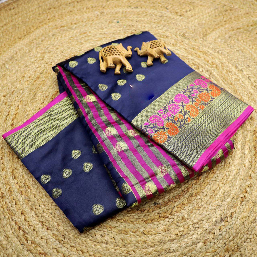 Timeless Drape Navy Blue Korvai Silk Saree With Traditional Weaves