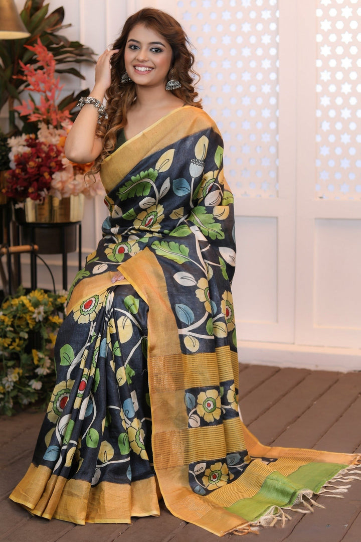Heritage Tussar Silk Saree Handloom Weave With Kalamkari Design And Blouse Fabric