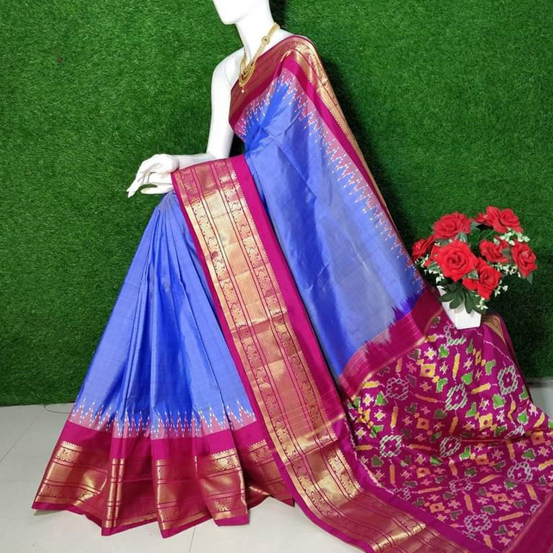 Kanchi Classic Blue Silk Saree With Printed Body And Patola Blouse Match