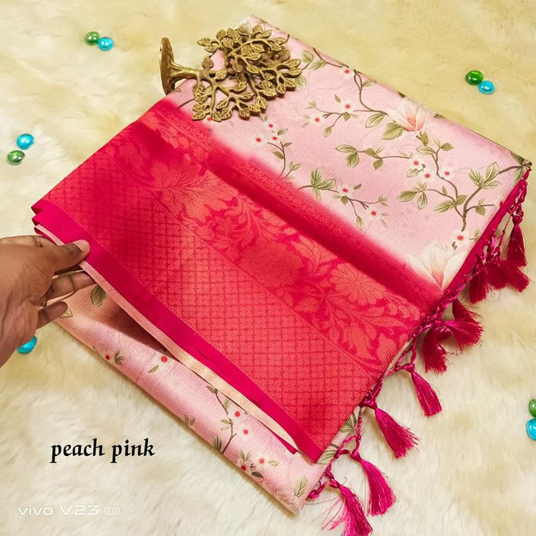 Fresh Pink Soft Silk Saree With Printed Design