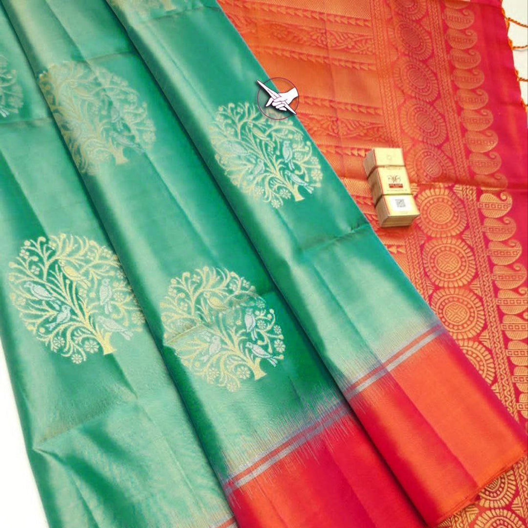 Heritage Hues Sea Green Lichi Silk Saree With Kanchi Weaves