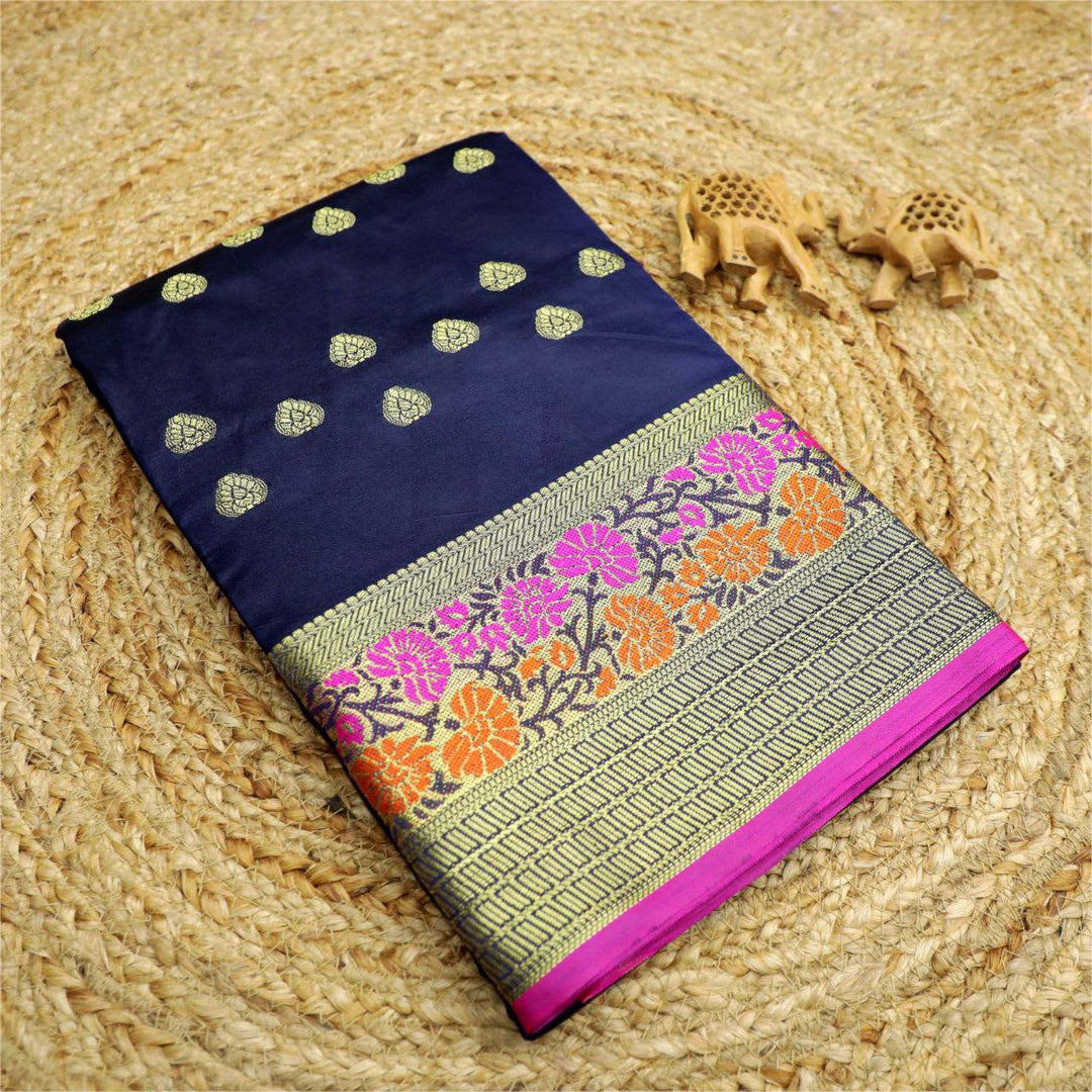 Timeless Drape Navy Blue Korvai Silk Saree With Traditional Weaves