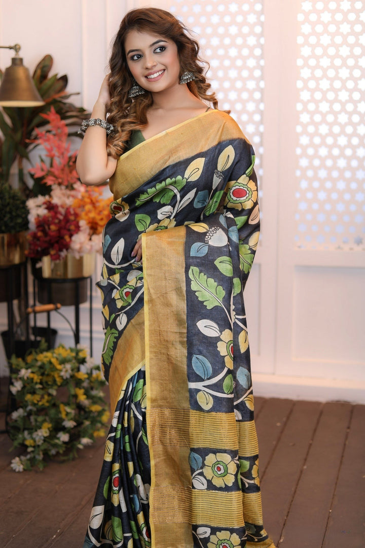 Heritage Tussar Silk Saree Handloom Weave With Kalamkari Design And Blouse Fabric