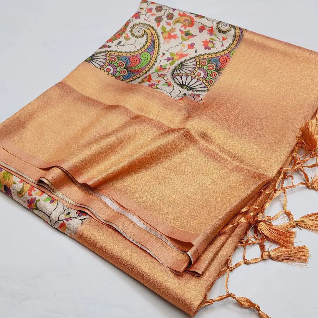 Wedding Ready Peach Color Soft Silk Saree Digital Printed Fabric