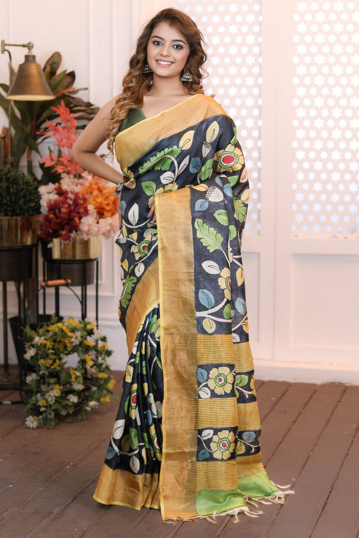 Heritage Tussar Silk Saree Handloom Weave With Kalamkari Design And Blouse Fabric