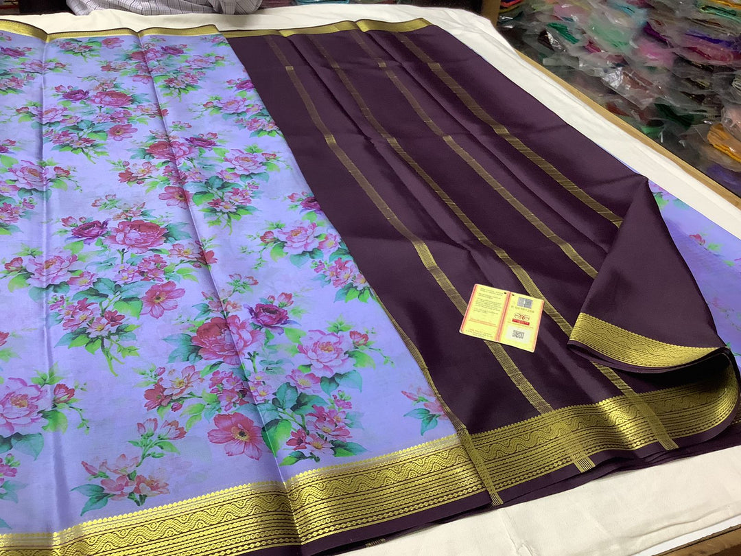 Elegant Weave Mysore Silk Saree Purple And Beige Body With Ornate Zari Border