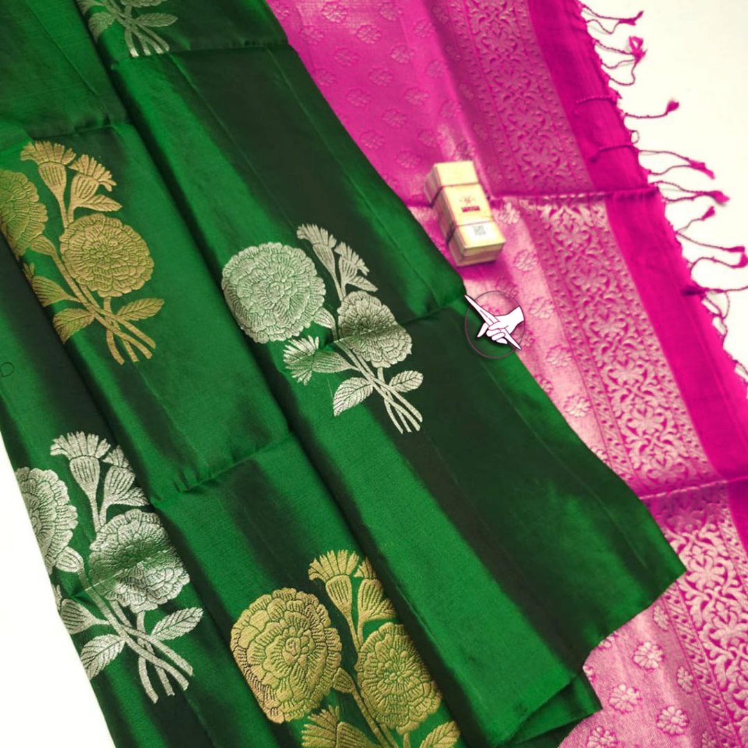 Green Premium Silk Big Meena Work Buttas All Over Saree With Rich Pallu
