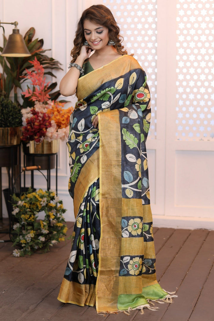 Heritage Tussar Silk Saree Handloom Weave With Kalamkari Design And Blouse Fabric