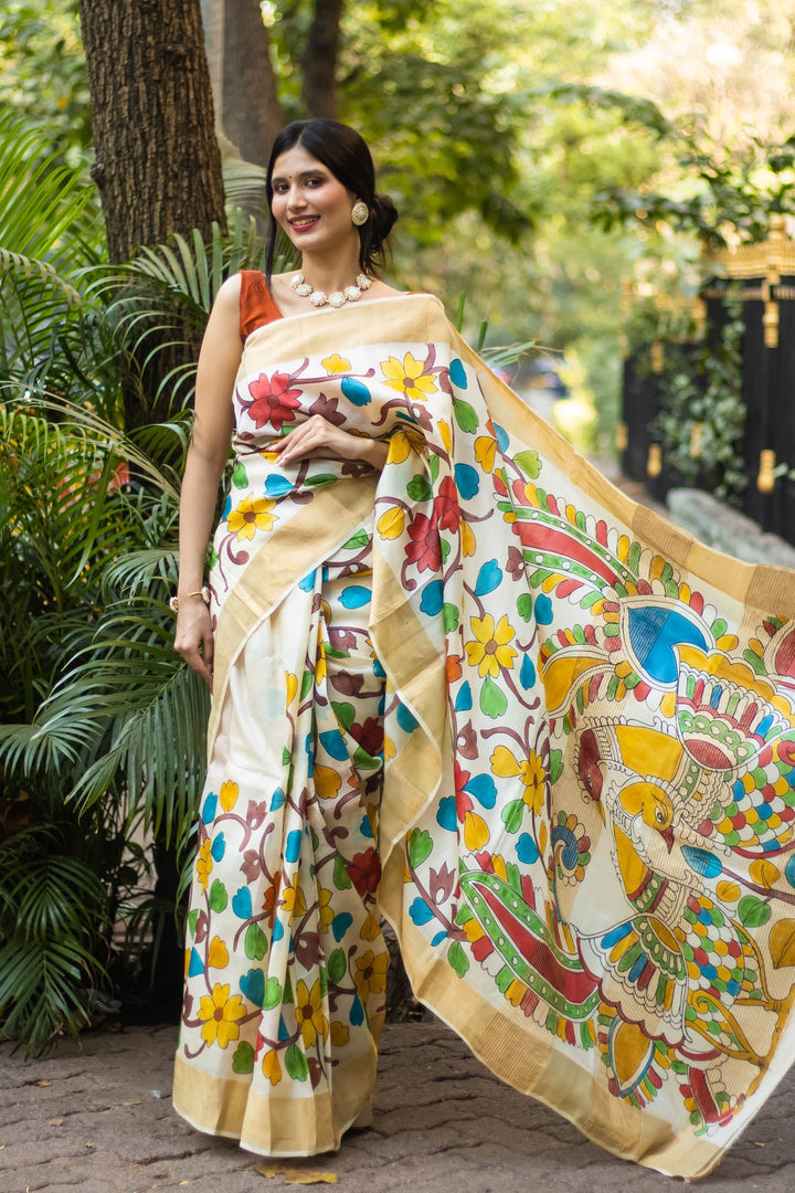 Hand Painted Floral Tussar Silk Kalamkari Beige Saree With Zari Border