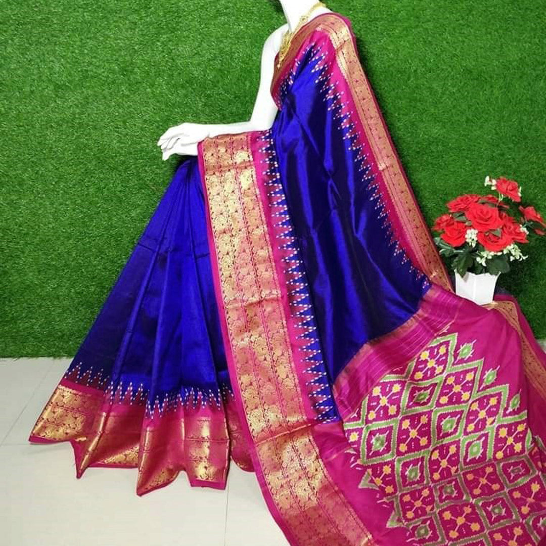 Elegant Blue Fancy Silk Saree With Rich Zari Border And Patola Blouse