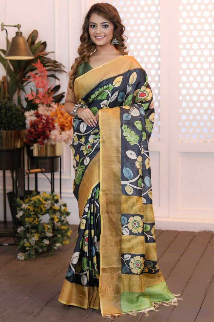 Heritage Tussar Silk Saree Handloom Weave With Kalamkari Design And Blouse Fabric