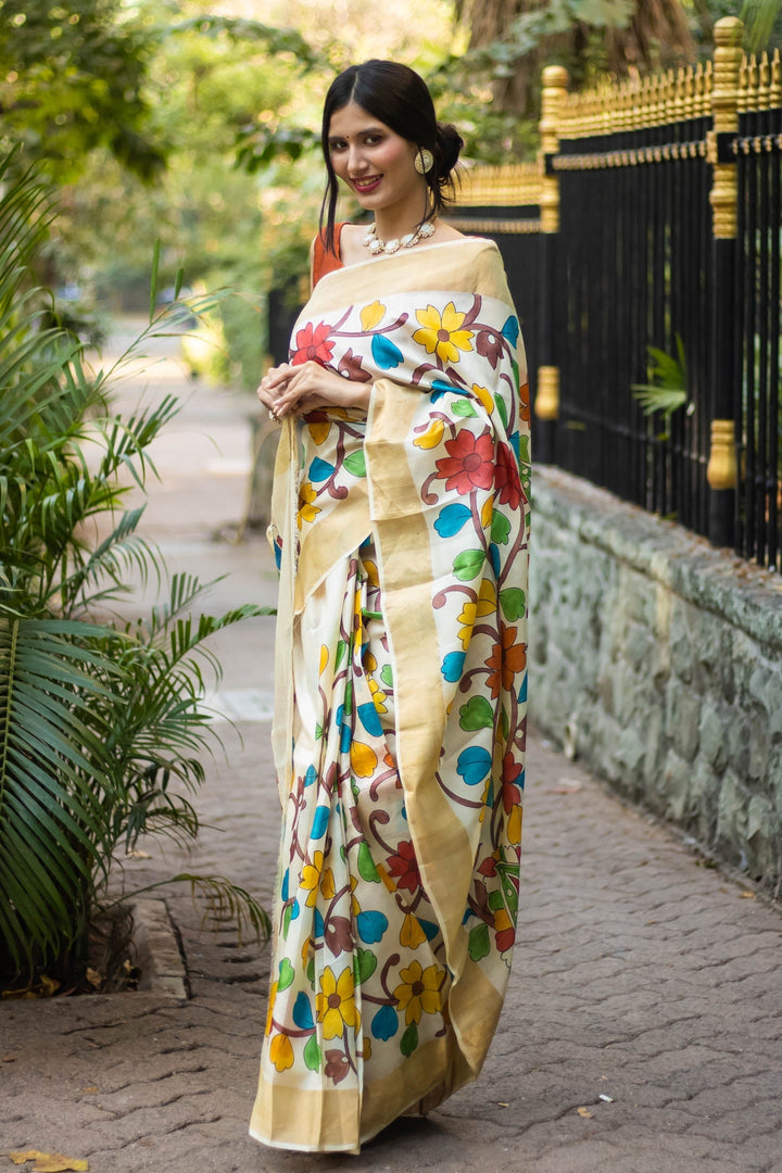 Hand Painted Floral Tussar Silk Kalamkari Beige Saree With Zari Border