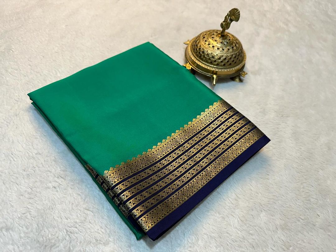 Zari Bordered Plain Soft Silk Saree Green Mysore Traditional Style